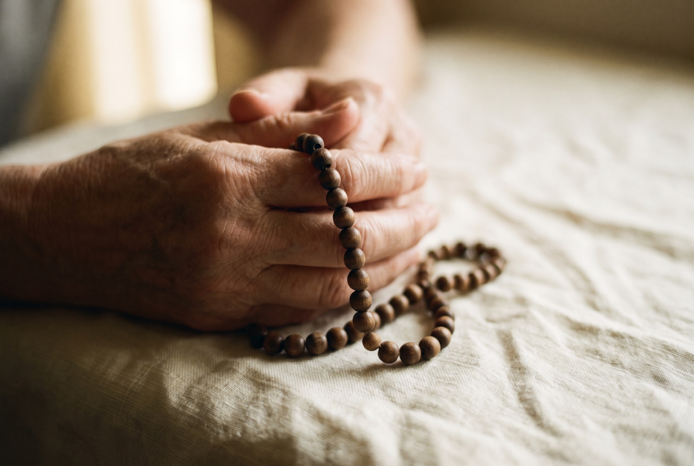 Hands folded in prayer holding a wooden rosary in warm window light