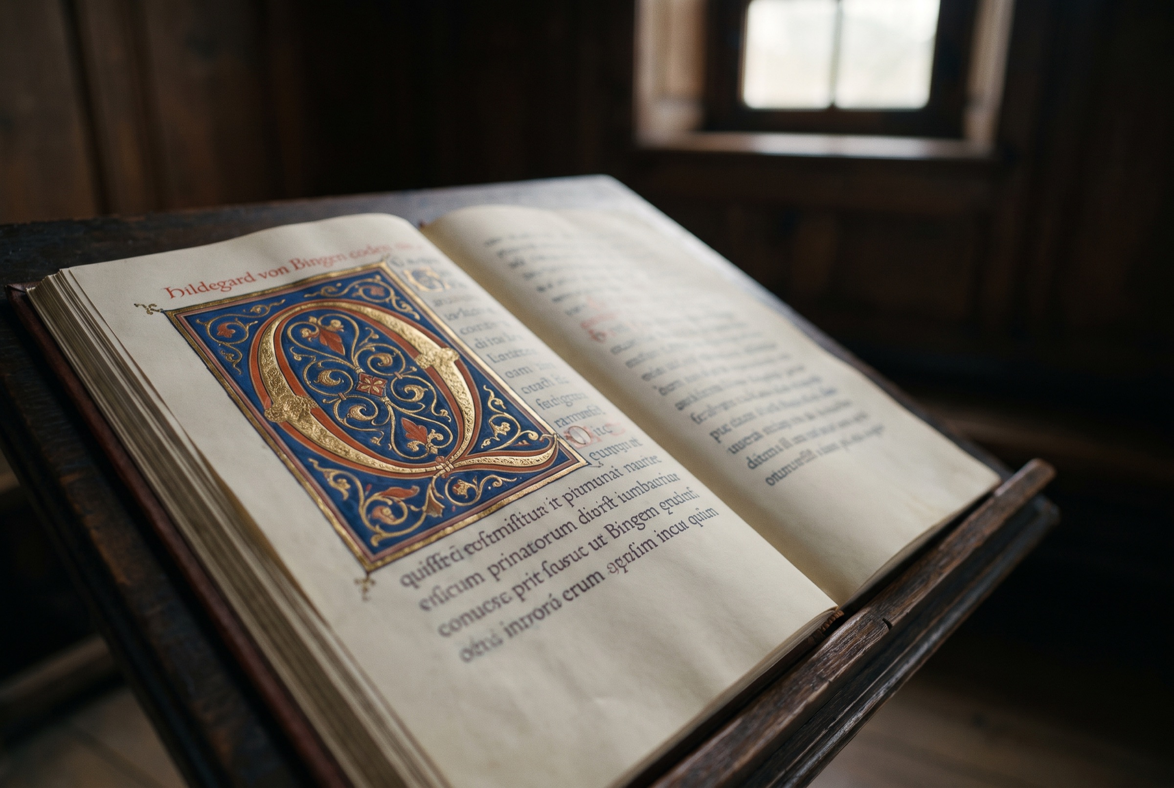 An illuminated medieval manuscript open on a lectern, its gold initial glowing in candlelight